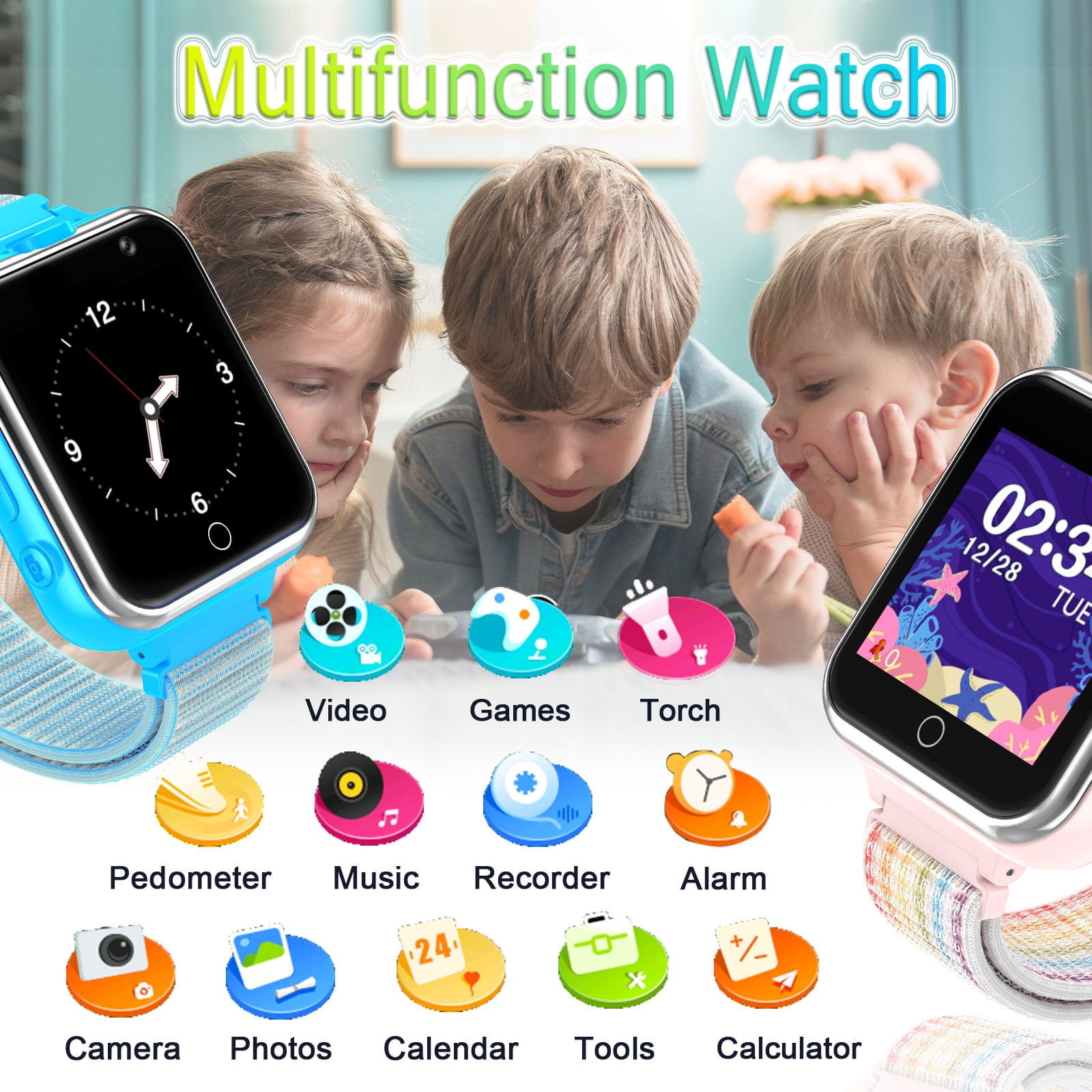 PTHTECHUS Kids Smartwatch Dual Camera Games Pedometer 1.54mm Black Plastic Case with Black Band - Image 4