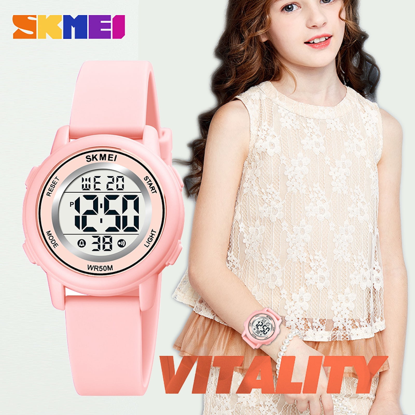 SKMEI Kids Digital Watch, 50M Waterproof Sport Watch for Kids Girls Boys, Multifunction Luminous Watches Birthday for Children 5-7-10-12-Year-Old, Pink - Image 2