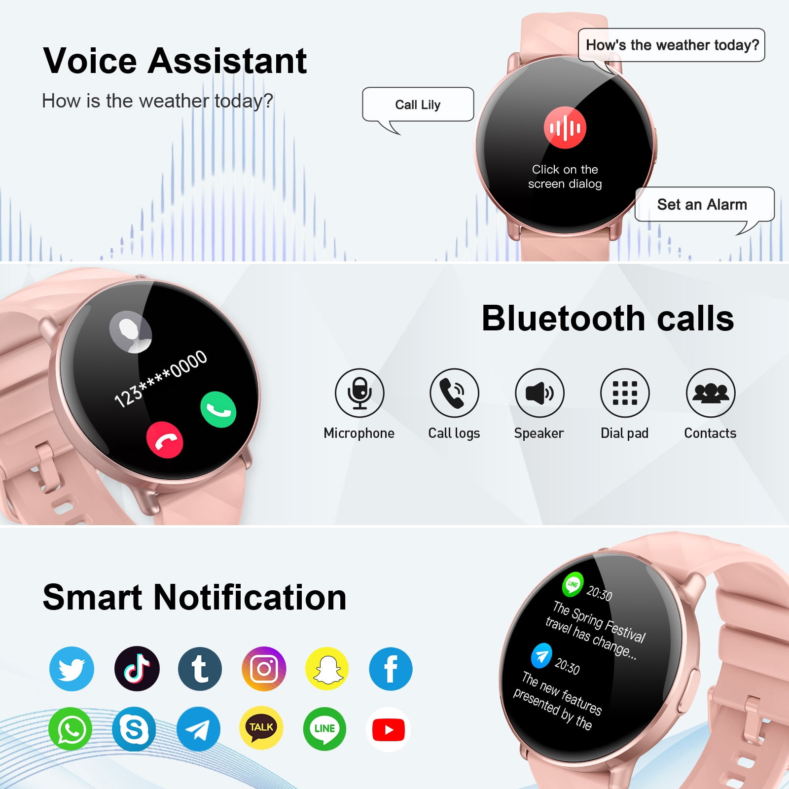 Smart Watch for Women Android iphone, 1.39" Touchsreen Fitness Tracker with AI Q&A, Bluetooth Calls, 110+ Sport Modes, IPX8 Waterproof, Gift Idea, Pink - Image 3